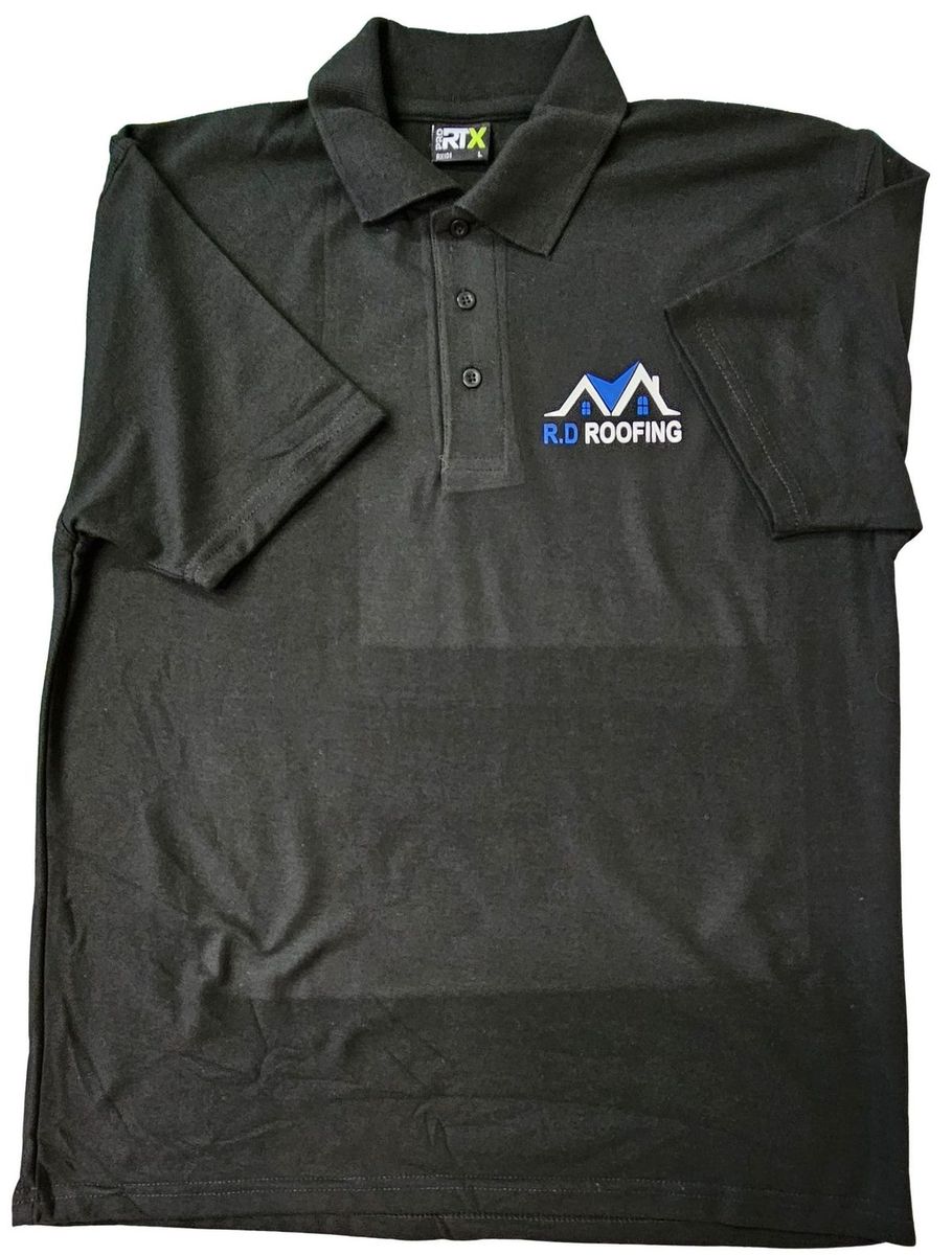 Polo shirt printed with a company logo on the chest